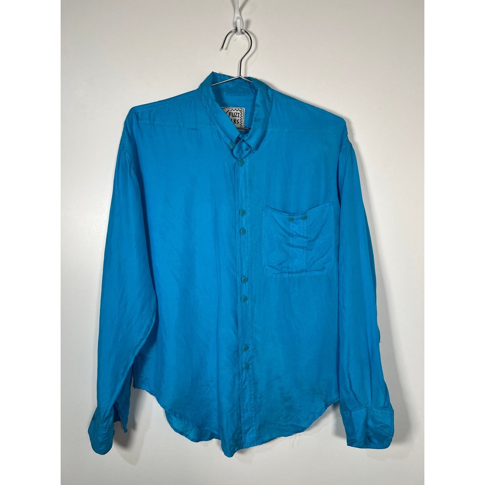 Fuzi Silks Vintage Turquoise Blue Long Sleeve Button Down Shirt Retro 80s 90s M